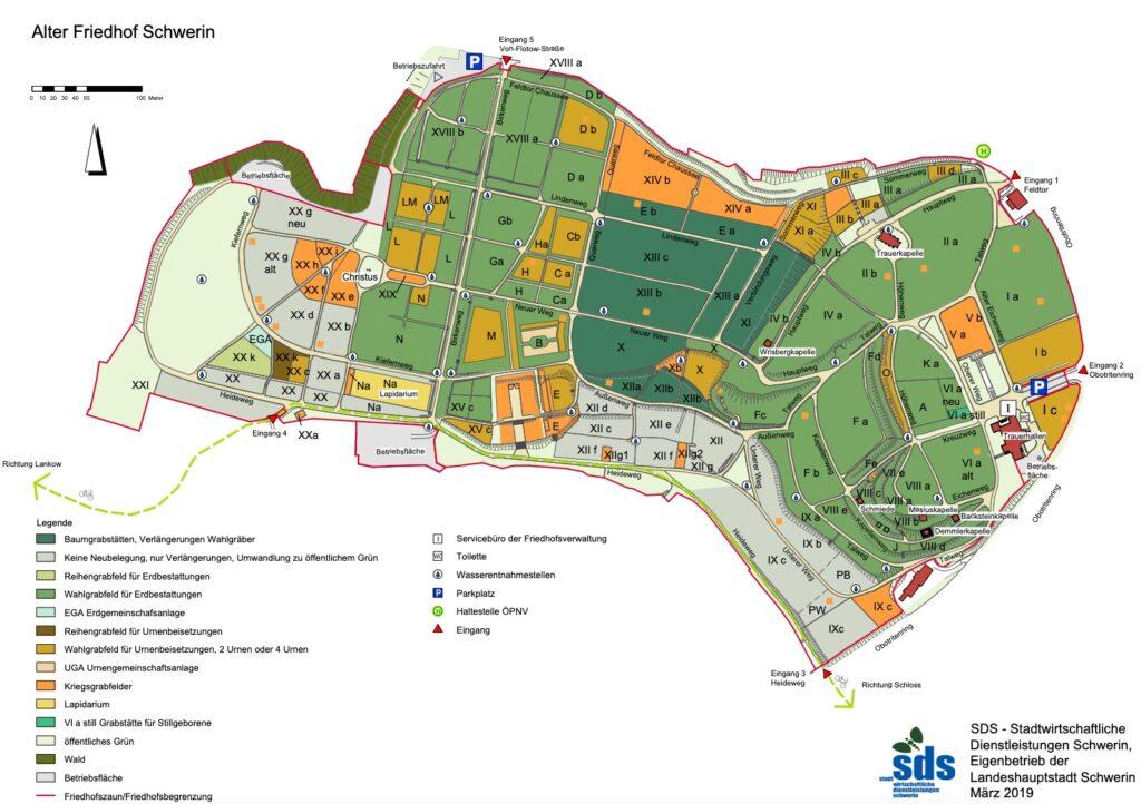 Plan der Grabfelder auf dem Alten Friedhof Schwerin, Quelle: SDS