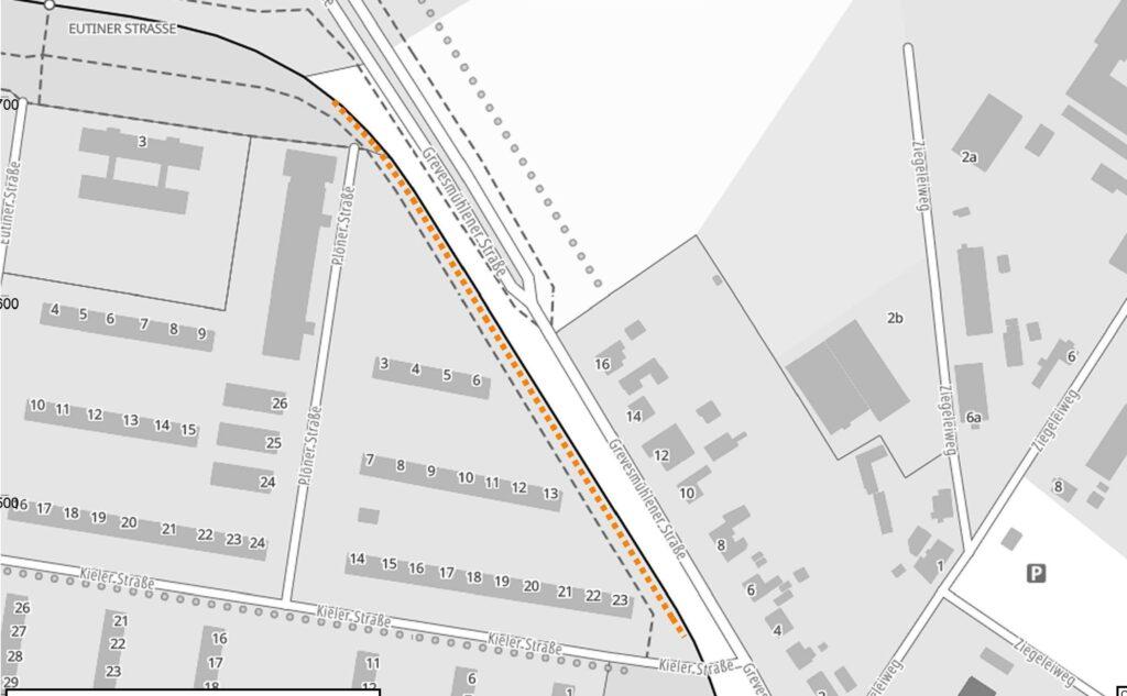 Blick auf den Bereich der Fällarbeiten zwischen Kieler- und Plöner Straße, Quelle: Geoportal MV