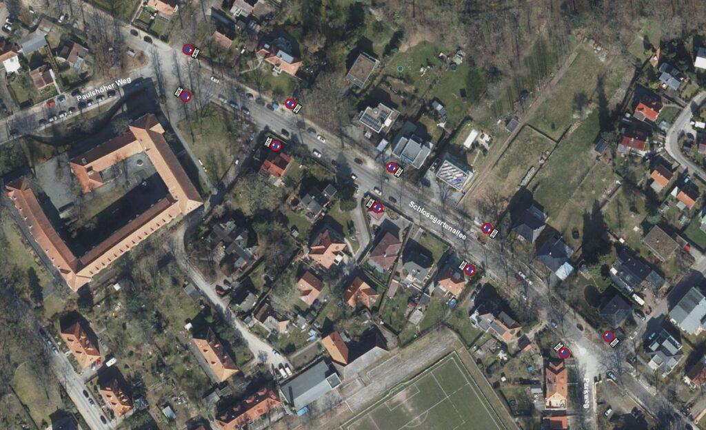 Blick auf den Bereich der Arbeiten in der Schloßgartenallee zur Entfernung der Gleise, Quelle: Google
