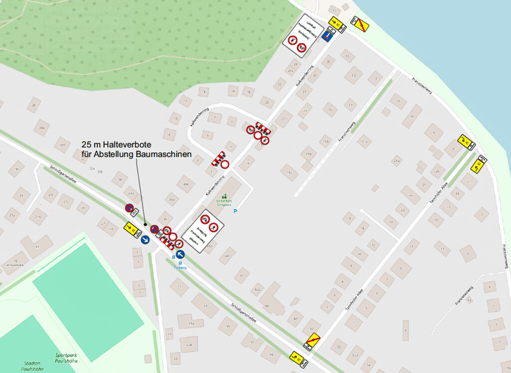 Blick auf der Bereich der Arbeiten am Gehweg und der Fahrbahn im Kalkwerderring ,  Quelle: GeoBasis-DE/MV