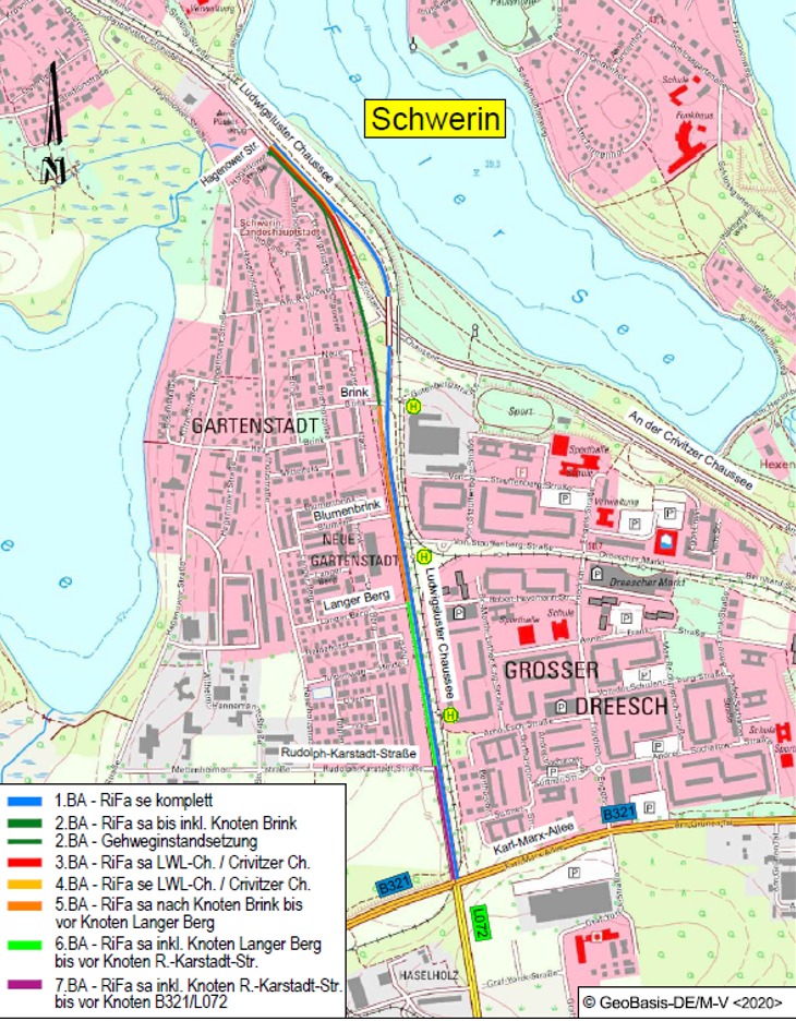 Übersichtskarte mit den einzelnen Bauabschnitten des Projektes Ludwigsluster Chaussee, Quelle: GeoBasis-DE/M-V